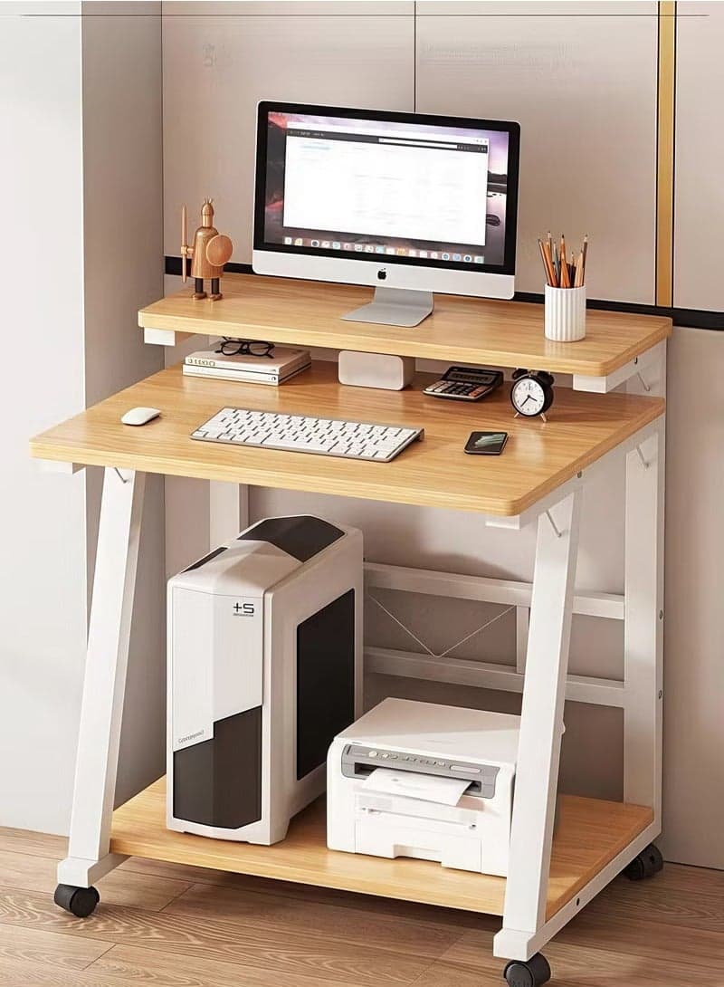 Small Computer Desk for Small Spaces, Compact Computer Desk with 3-tier Shelf, Rolling Desk for Dormitory, Bedroom, Office