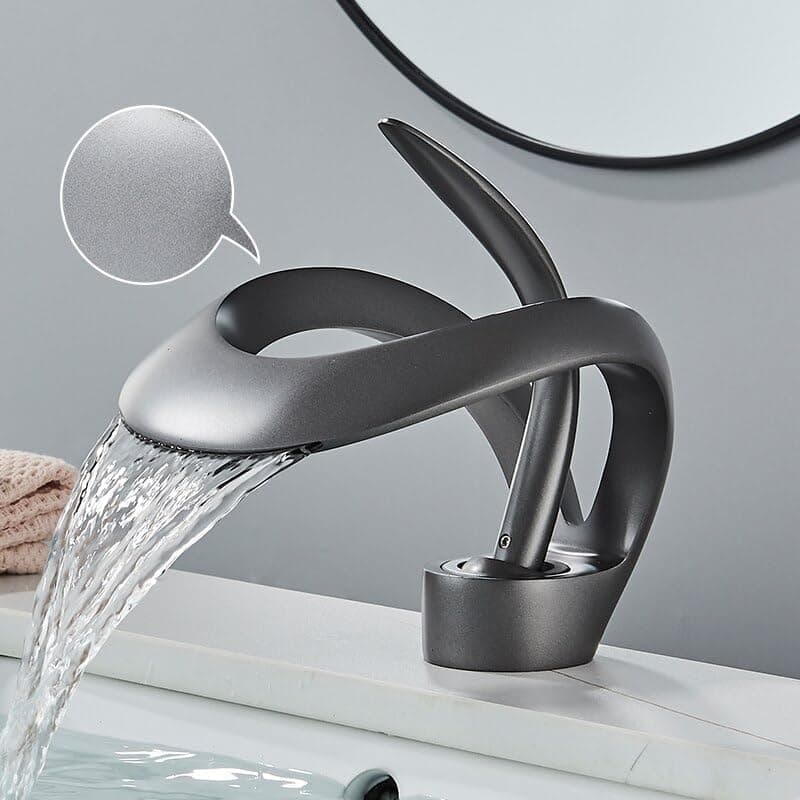 JUMIX Brass Single Lever Basin Mixer Countertop Hot and Cold Water Modern Waterfall Wash Basin Tap with 2in1 Basin Mixer Faucet Chrome Finish Matte Grey