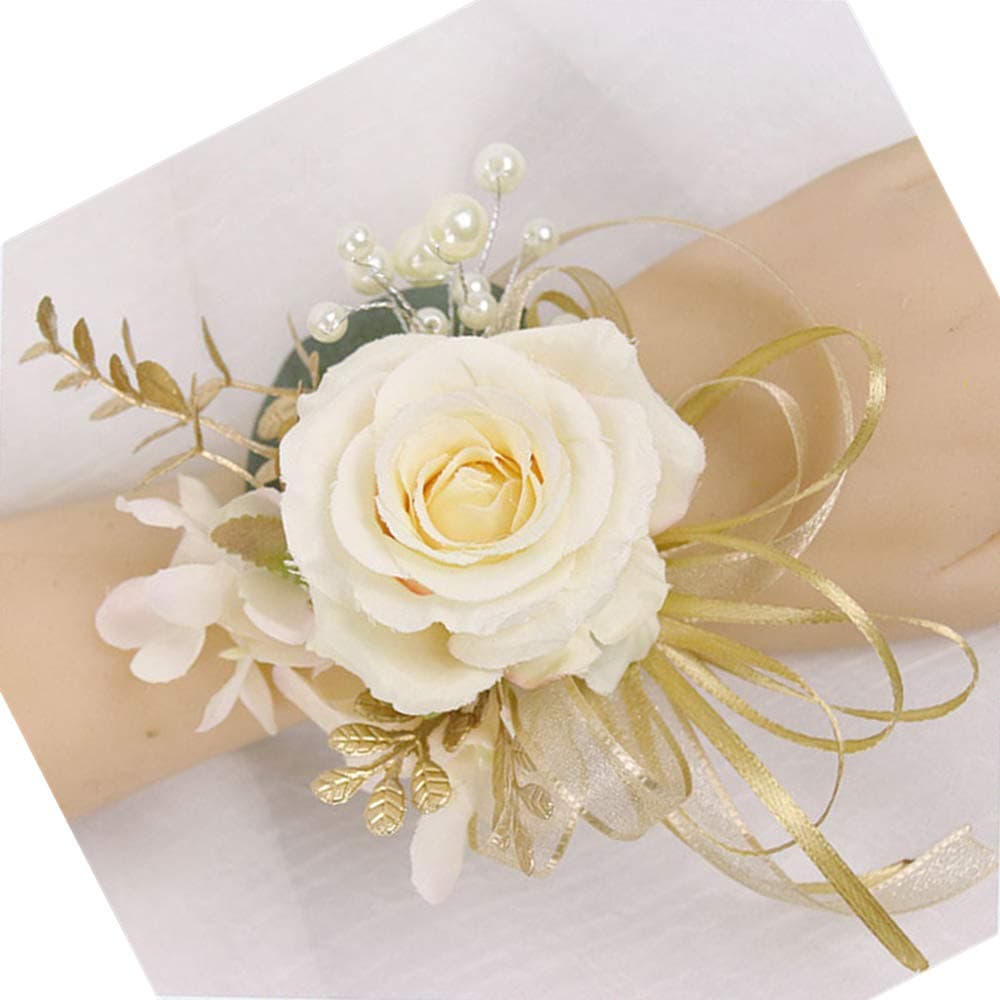 USIX 2pc PackHandmade Artificial Flower Rose with Gold Leaves Ribbons Artificial Pearls Wrist Corsage Hand Flower with Elastic Wristband for Girl Bridesmaid Wedding Party Prom Wrist Corsage