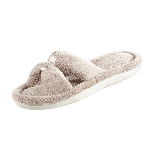 isotoner Women’s Indoor/Outdoor Slip-on Microterry X-Slide Slippers with Satin and Memory Foam Comfort , Taupe, 6.5-7 US
