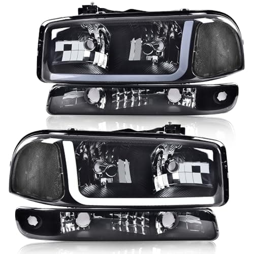 G-PLUS LED DRL Headlights Assembly, Compatible with 1999-2007 GMC Sierra 1500/2001-2007 GMC Sierra 1500 HD Bumper Headlamps, Smoky Lens Black Housing Clear Reflector,faros delanteros