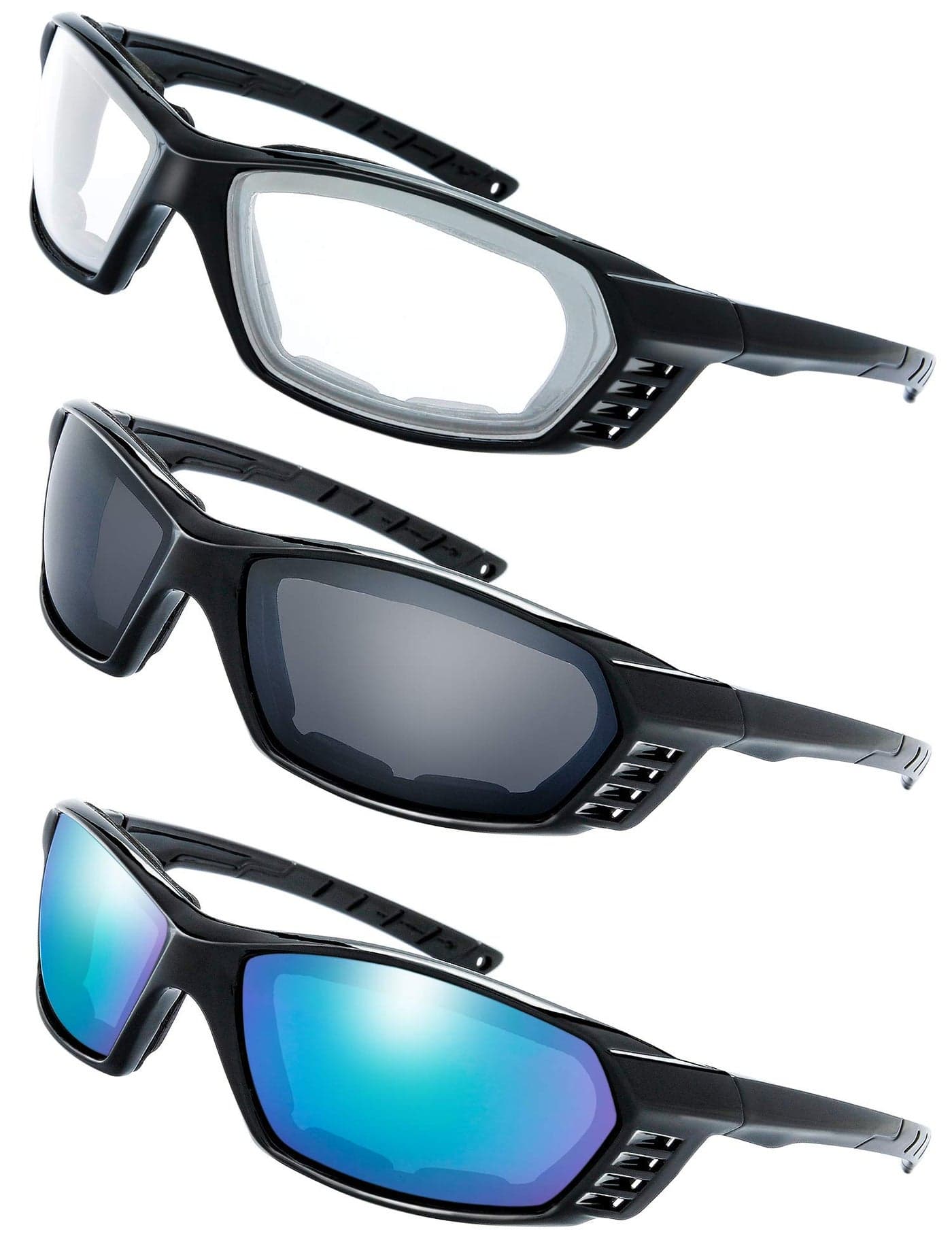 The Fresh Motorcycle Riding Glasses Padded Frame Lens Block 100% UVB for Outdoor Activity Sport (25-Shiny Black, Clear, Grey, & Green Mirror)