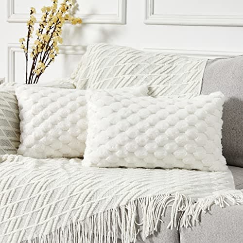 Yaertun Pack of 2 Super Soft Cozy Lumbar Decorative Throw Pillow Covers Fuzzy Plush Faux Fur Luxury Cushion Cover Pillowcase for Sofa Couch Bed Livingroom 12x20 Inch White