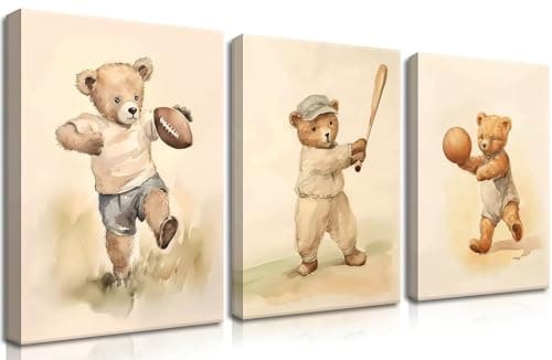 Bear Rugby Sports Nursery Canvas Wall Art Set of 3 - Cute Vintage Baby Bear Pictures Paintings Poster Prints, Nursery Animal Wall Decor for Children Bedroom Boy Room Decoration 12x16 inch Framed