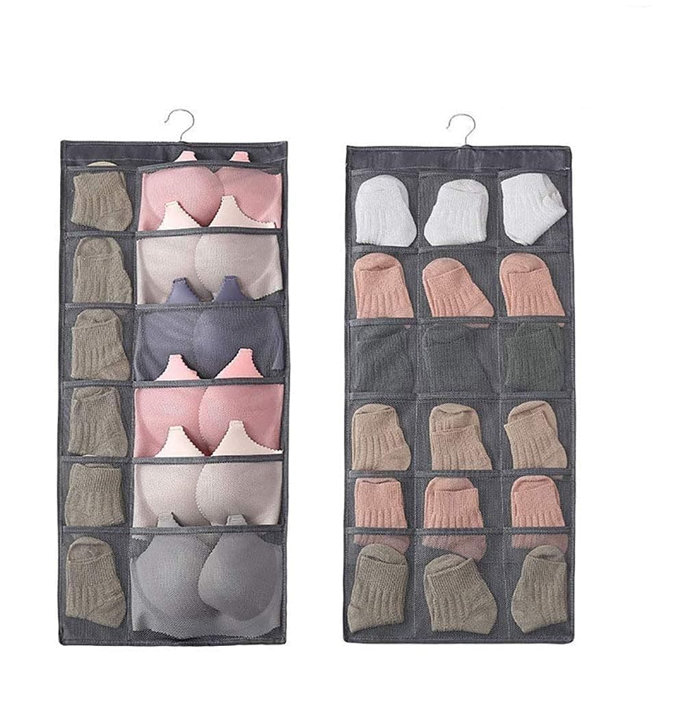 UNICRAFTS Hanging Wardrobe Organizer with 30 Pockets and Hanger Wall Shelf Storage Organizers for Storing Stocking Bra Socks Travel Accessories Dual Side Non Woven Grey Set of 1