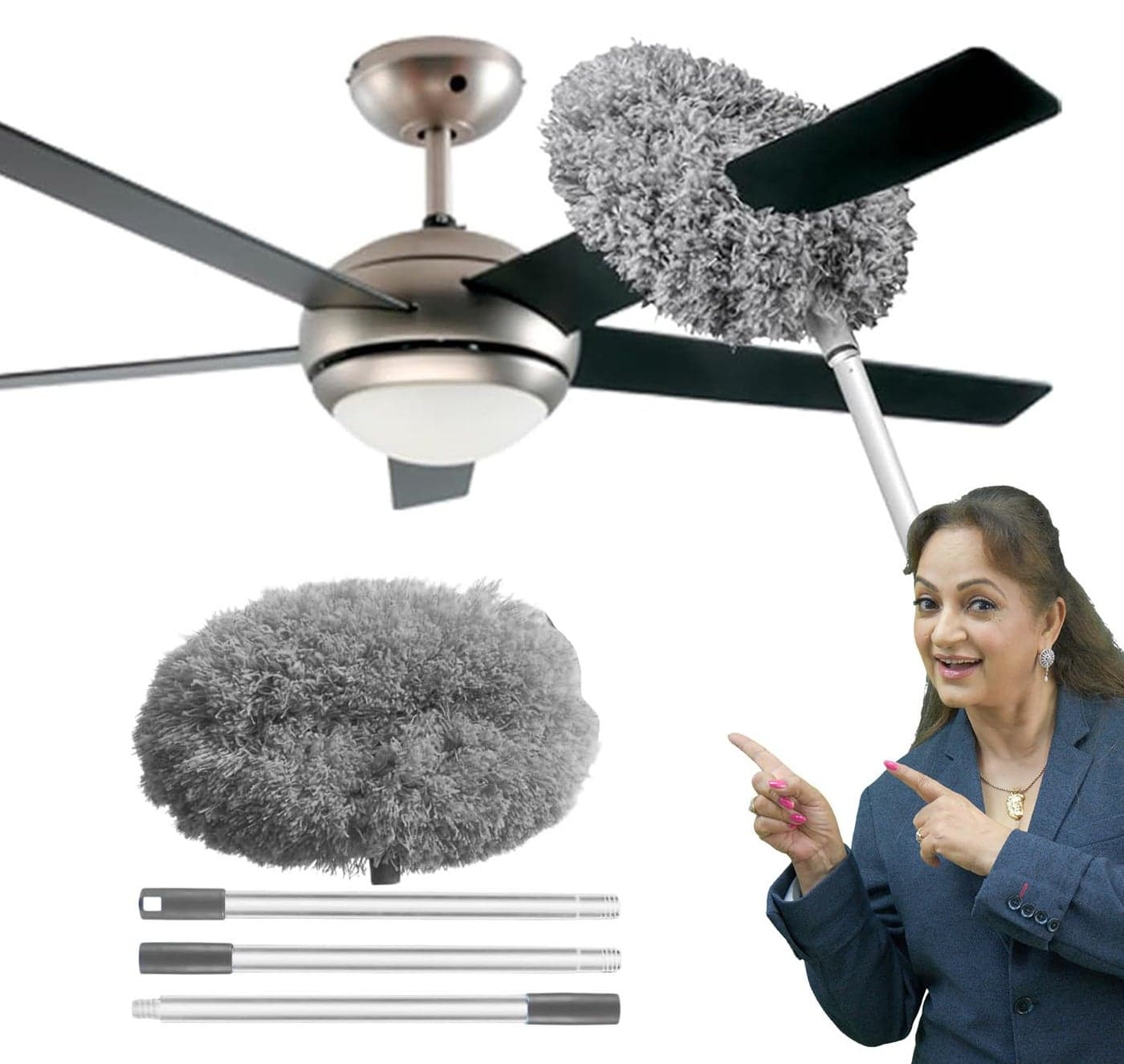 PANCA Fan Cleaner Brush with Long Flexible Rod | Microfiber Ceiling Fan Cleaning Mop, Foldable Duster for Home, Kitchen, Car & Cobweb Removal (Grey)