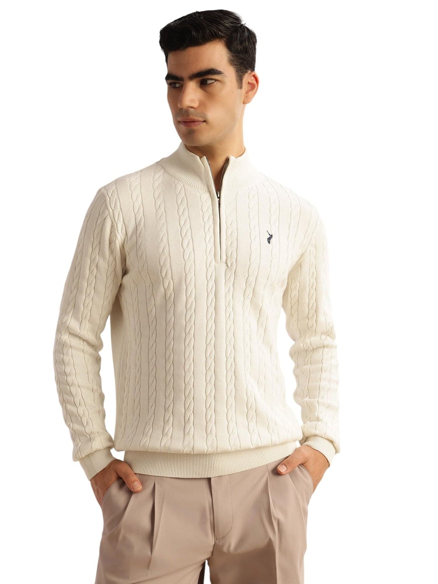 Thomas Scott Men's | Regular Fit | Long Sleeves | Mock Collar | 100% Cotton | Dry Clean | Cable Knit | Knitted | Pullover Sweater (TSFK27_White_L)