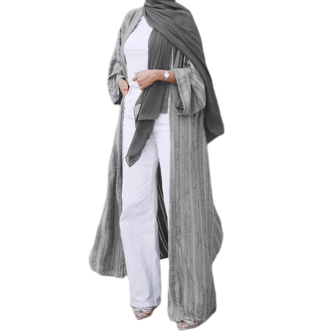 Front Open Abayas for Women Muslim with Hijab Scarf Muslim Women One Piece Prayer Dress Hijab Scarf Full Length Islamic Clothing Arabian Dubai Cardigan Dress Long Sleeve Middle Eastern Dress Grey L