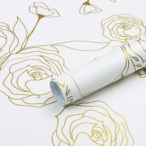 TEKCOOL 45 * 600 Peel and Stick Wallpaper Gold and White Contact Paper Floral Wallpaper Self Adhesive Removable Wallpaper for Bedroom Covering Vinyl Rolls(White & Gold)
