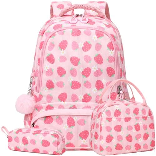 Strawberry Backpack for Girls, 3 in 1 Pink Corduroy School Backpack with Lunch Bag Pencil Case, Girl Schoolbag with Reflective Straps for Kindergarten Elementary