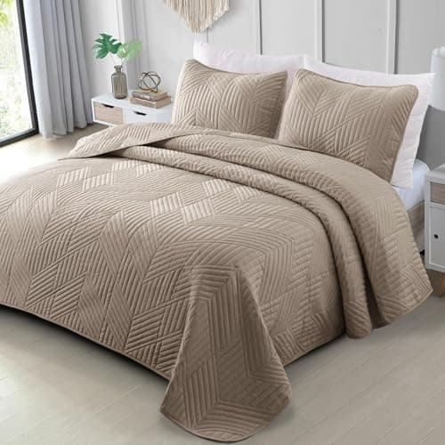 Exclusivo Mezcla Ultrasonic Full Queen Quilt Bedding Set, Lightweight Taupe Bedspreads Soft Modern Geometric Coverlet Set for All Seasons (1 Quilt and 2 Pillow Shams)