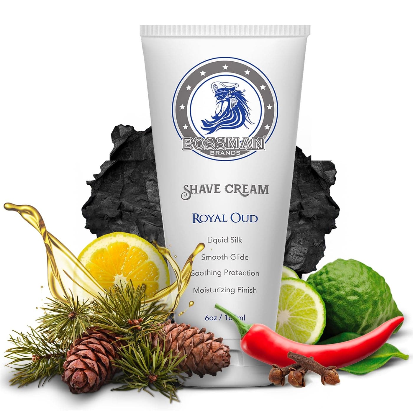 Bossman Liquid Silk Shave Cream for Men Sensitive Skin Formula Smooth Glide Soothing Protection Moisturizing Finish Royal Oud Scent