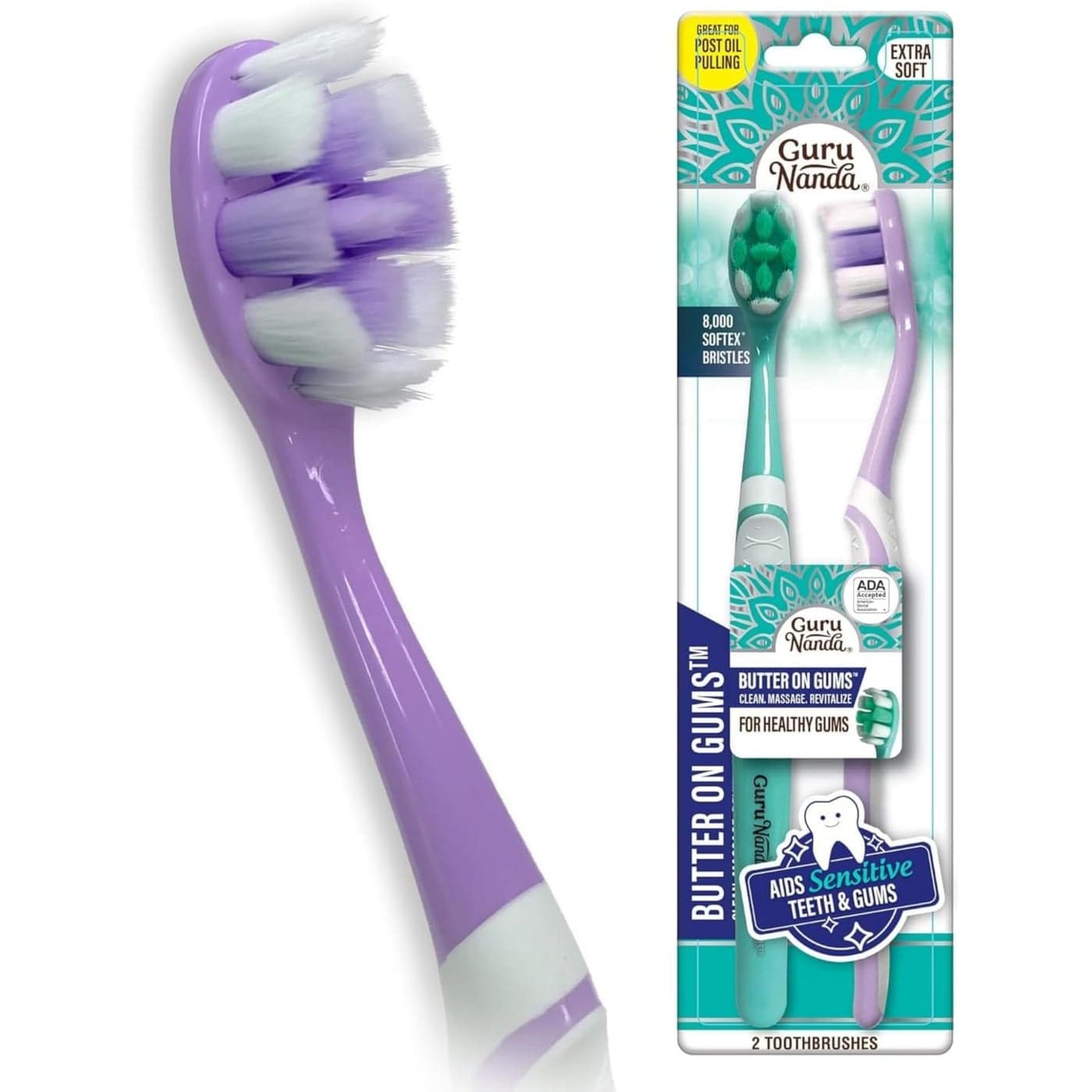 GuruNanda Butter On Gums Toothbrush ADA Accepted with 8000 Ultra Soft Softex Bristles for Sensitive Receding Gums Perfect for Whiter Teeth 2 Ct
