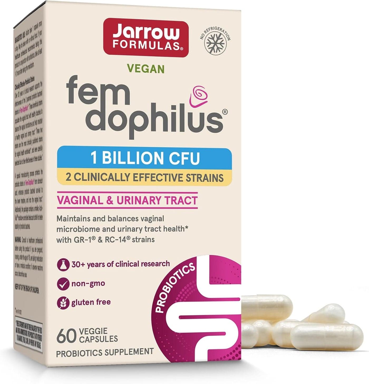 Jarrow Formulas FemDophilus Vaginal Probiotics 1 Billion CFU With 2 ScienceBacked Strains Dietary Supplement For Vaginal Urinary Tract Support 60 Capsules Up to a 60 Day Supply ShelfStable