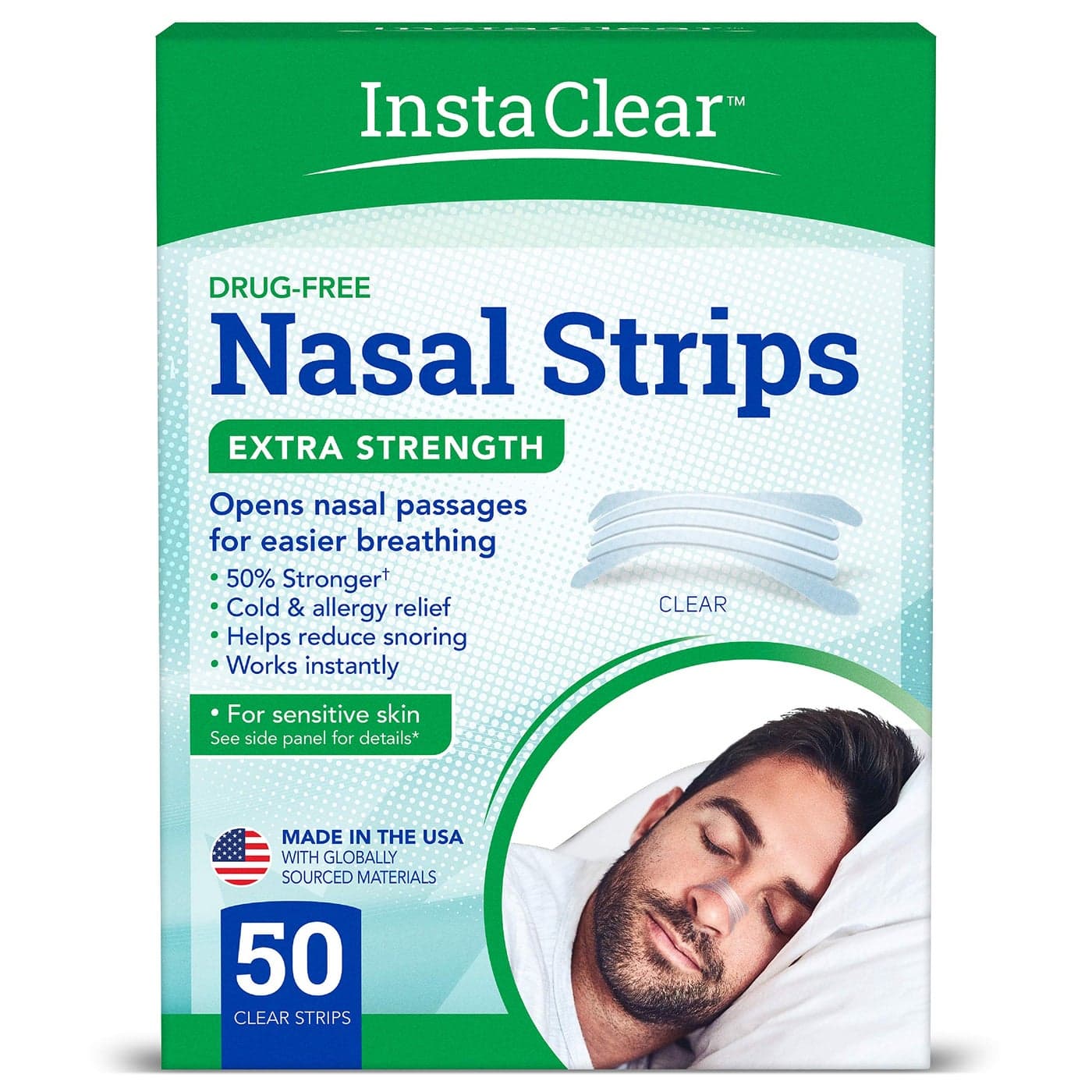 Instaclear ExtraStrength Nasal Breathing Strips Clear 50 ct Works Instantly Nasal Congestion Relief Stops Snoring Cold Allergy