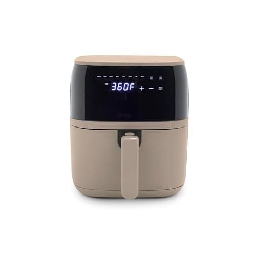 GreenLife Compact Electric Air Fryer Oven, 5.3 QT, PFAS-Free Ceramic Nonstick Drawer, 8 One Touch Digital Display, Easy View Window, Auto Shut-Off Timer, Dishwasher Safe Parts, 1500 Watts, Taupe
