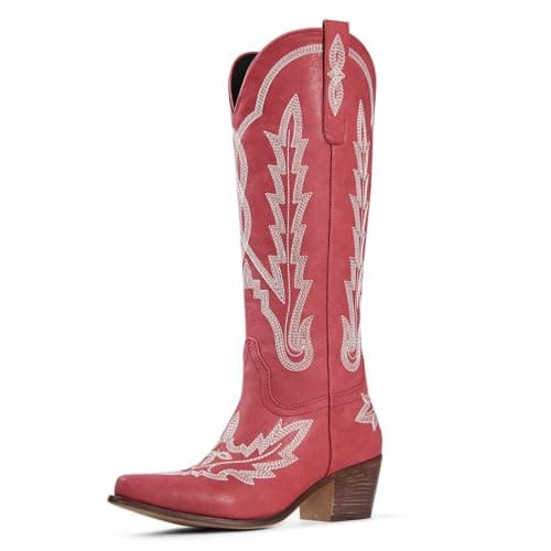 Red Cowboy Boots for Women Cowgirl Knee High Boots with Classic Embroidered Pull On Pointed Toe Chunky Heel Vintage Wedding Country Tall Western Boots Size 7.5