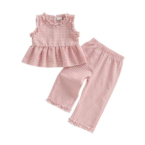 GOOCHEER Toddler Girl Clothes Baby Summer Outfits Plaid Ruffle Sleeveless Vest Tank Tops Pants Set 12 18 24 Month 2T 3T 4T (#Ruffle-Pink, 6-12 Months)