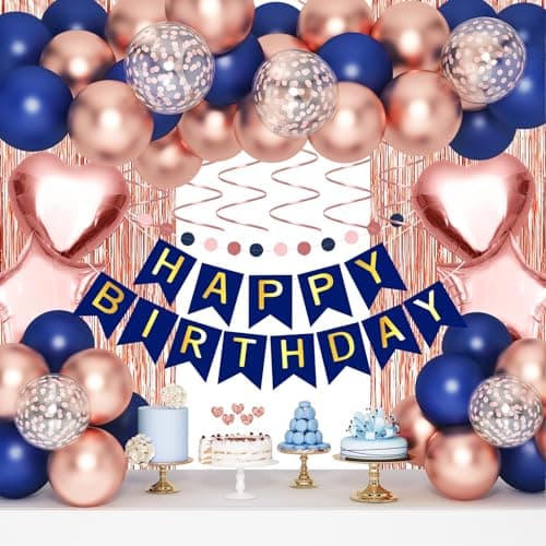 Navy Blue Rose Gold Happy Birthday Decorations Kit Rose Gold Balloons Birthday Party Supplies for Women Girls Men Happy Birthday Banner Circle Dot Garland Fringe Curtains Latex Confetti Balloons