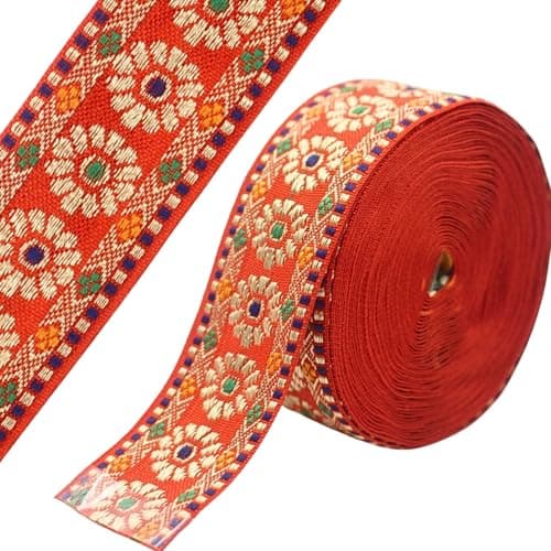 PEARLY JUN 7 Yards Red Jacquard Ribbon Trim for Wewing Embroidered Ribbon Fabric Trim for Decorative Curtain DIY Sewing Crafting Embellishments Clothing Home Decor Gift Wrapping