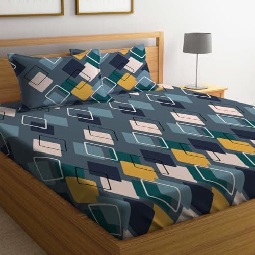 LOOMLYFE 300 TC Cotton Feel Glace Cotton Elastic Fitted Printed Queen Size Double Bed Bedsheet with 2 Pillow Covers Fits Upto 8 inches,Size- 60x78x10 Inches, NavySquare