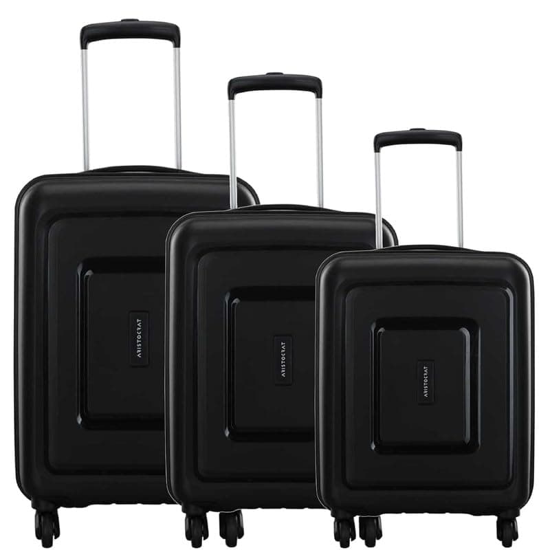 Aristocrat Storm Nxt 3 Pc Set Cabin 55cm(Small) Check-in 65cm(Medium) Check-in 75cm(Large) 4W Trolley Bags for Travel Hard Case Spinner Luggage, Lightweight Bag |7 Years Warranty (Jet Black, 3PC Set)