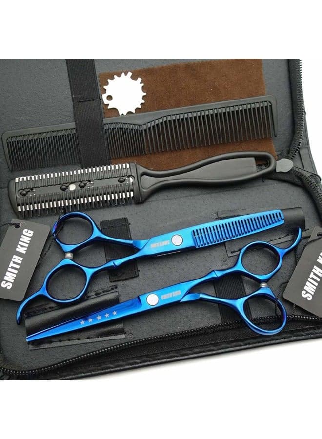 6.0 Inches Hair Cutting Scissors Set with Combs Lether Scissors Case,Hair cutting shears Hair Thinning shears For Personal and Professional (Blue)