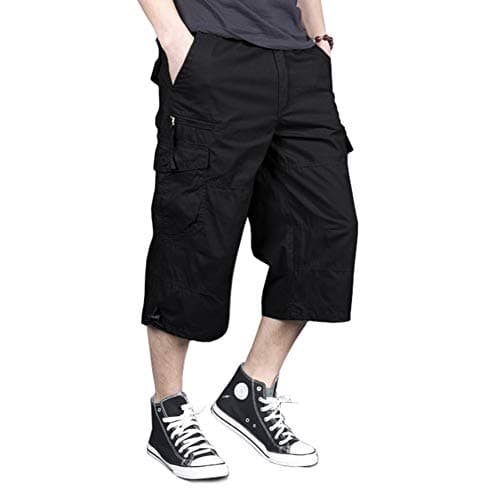 MAGNIVIT Mens Capri Long Twill Elastic Cargo Shorts Below Knee 3/4 Cargo Shorts Cotton Relaxed Fit Casual Multi-Pocket Black 34
