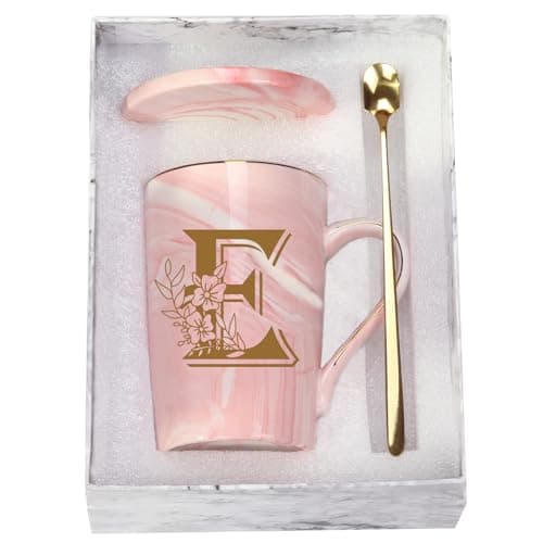 Letter E Personalized Initial Mugs with Flower, Letter E Personalized Novelty Coffee Mug, Novelty Letter Coffee Mugs for Women, Bridal Shower Gifts, Women's Initials Gifts Coffee Mug 14 Ounce Pink