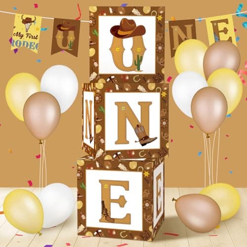 Honoson 3 Pcs My First Rodeo Balloon Boxes with ONE Letters Cowboy 1st Birthday Decorations Birthday Party Decor for Boy Girl Cake Smash Backdrop Baby Shower Photo Prop Brown