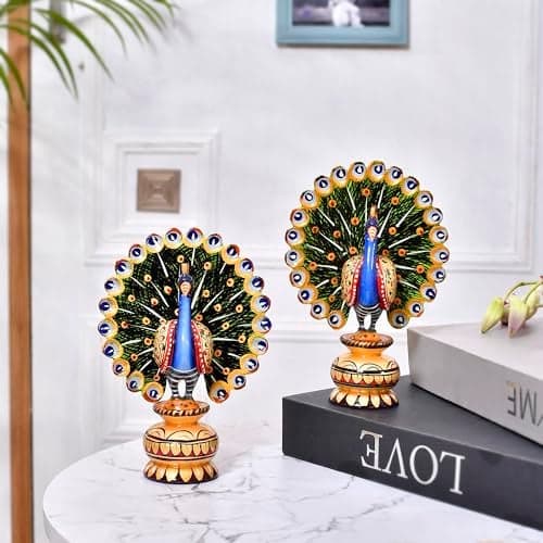 CraftVatika Wooden Dancing Peacock 6 Inch Set of 2 for Home Decoration Rajasthani Handpainted Mor Peacock Showpiece for Living Room Home Office Décor Diwali Wedding Housewarming Gift