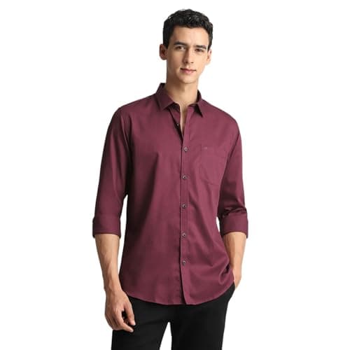 Peter England Men's Solid Slim Fit Full Sleeve Casual Shirt | 100% Cotton Dark Maroon, 40