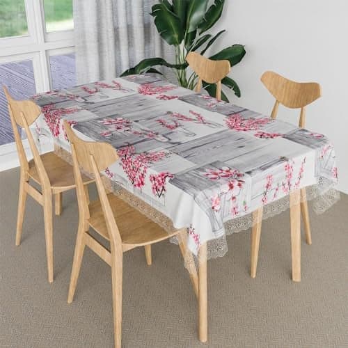 Kuber Industries Polyvinyl Chloride Dining Table Cover, Kitchen Tablecloth, 4-Seater Center Table Cloth, Pink Flower Design, 45X70 Cm, Grey, Rectangular