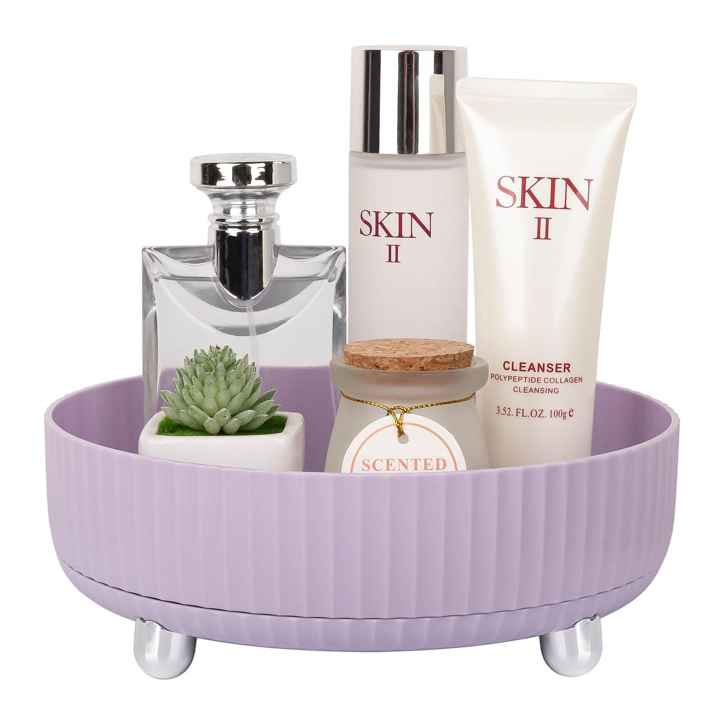 Anyoifax Makeup Perfume Organizer Tray 360 Degree Rotating Lazy Susan Skincare Lotion Organizer Spinning Cosmetics Storage for Dresser Vanity Bathroom Countertop Small Purple