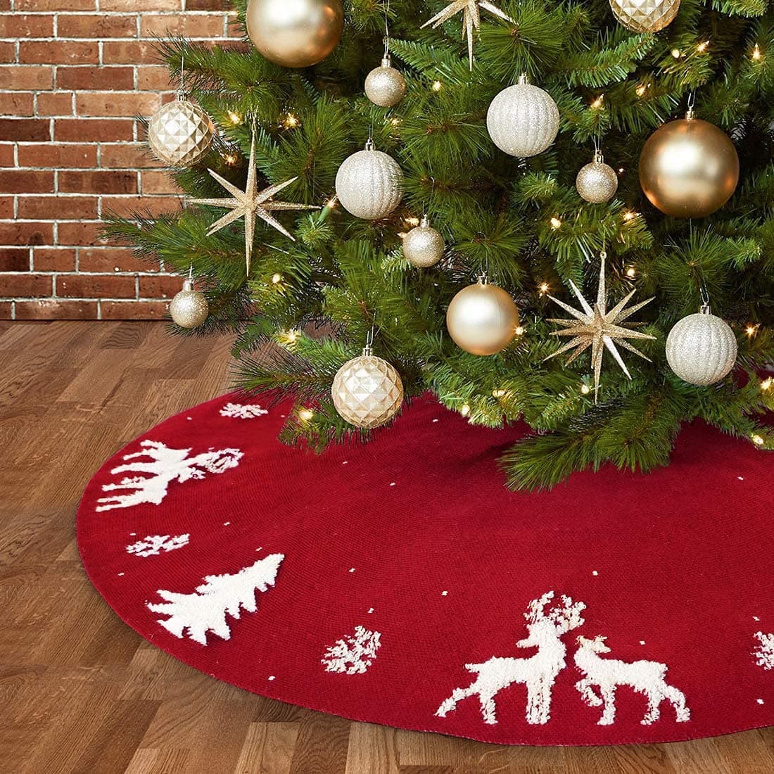 Dremisland Christmas Tree Skirt Cable Knit Knitted Thick Rustic Tree Skirt for Xmas Holiday Decoration 3D Elk and Christmas Tree 36in Red