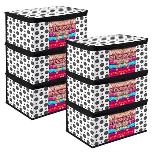 Kuber Industries Clothes Organizer for Wardrobe (Pack of 6) - Storage Organizer for Saree | Shirts | Salwar Suit and Clothes - Dress Organizer for Wardrobe - Saree Covers with Zip (Black and White)