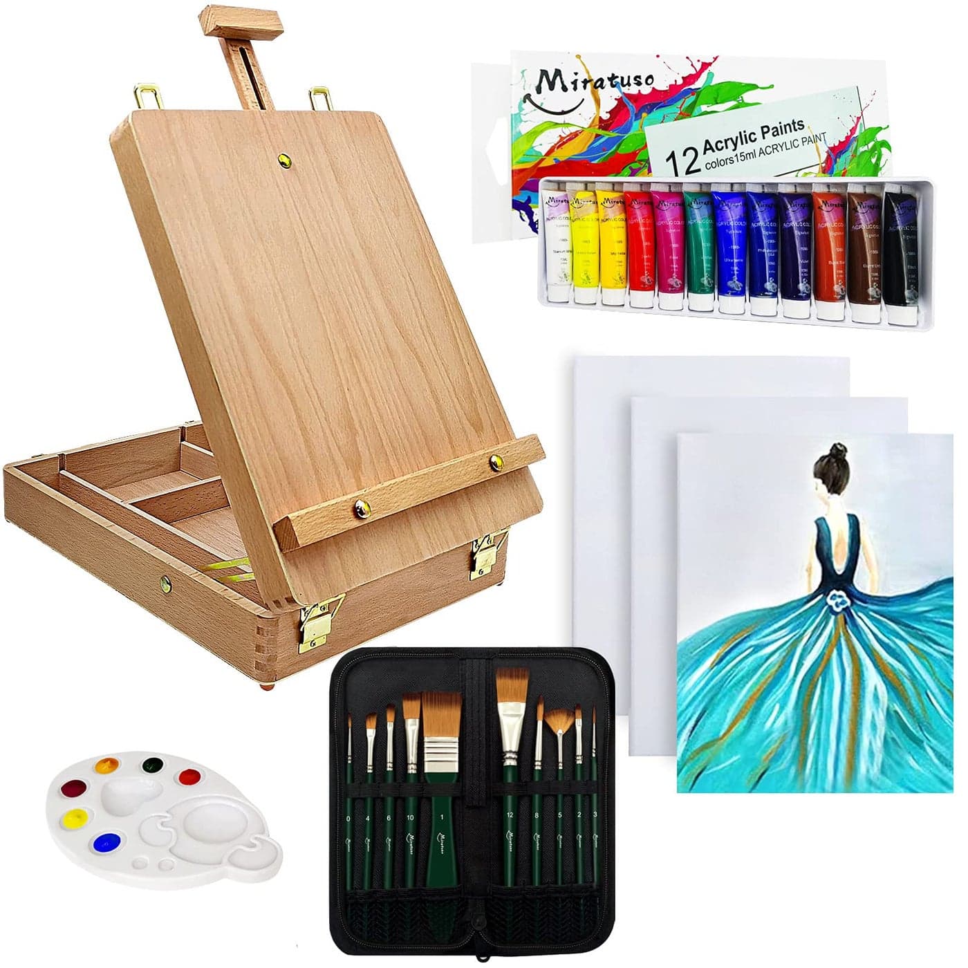 Deluxe Art Supplies 27 Pieces Art Set with Tabletop Easel 12 Colors Acrylic Paint 10 Paint Brushes 3 Canvas Panels Palettes