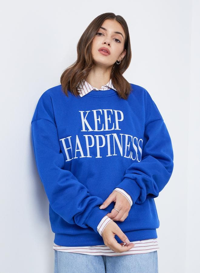 Women Blue Slogan Print Sweatshirt