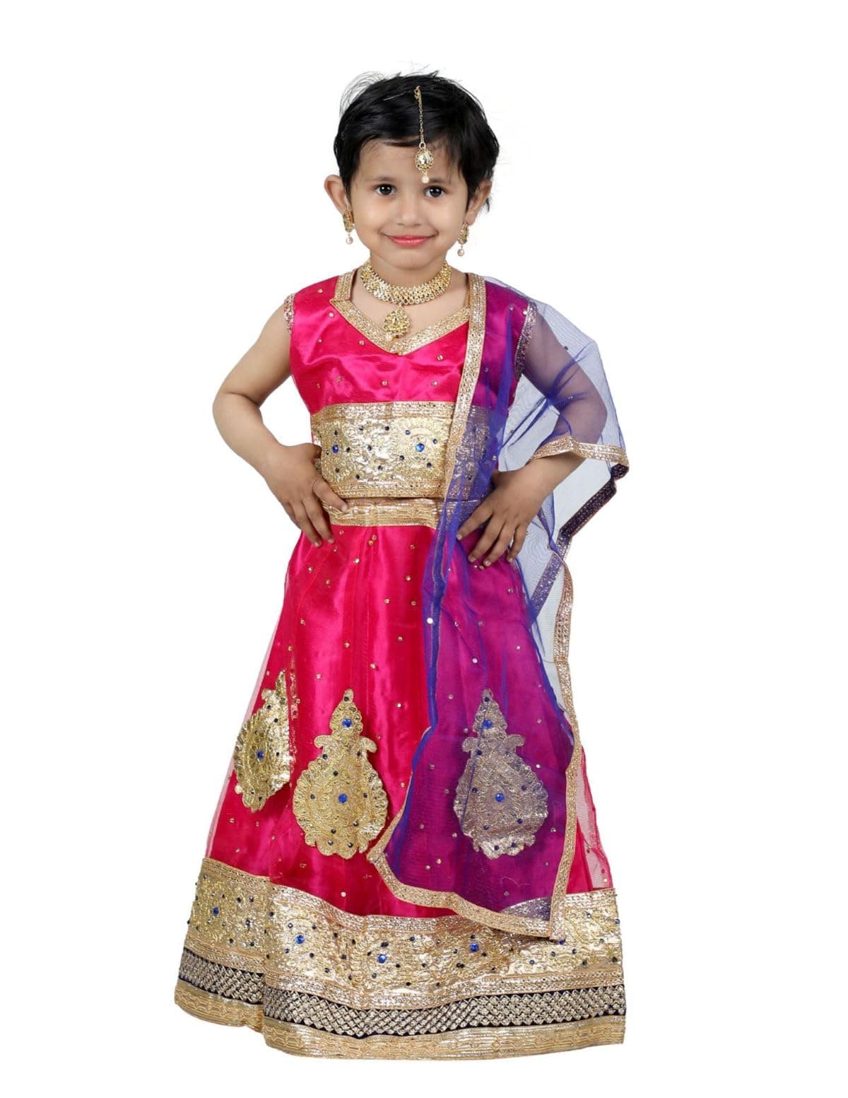 BookMyCostume Radha Navratri Garba Lehenga Choli Girls Fancy Dress Costume for Girls with Jewellery - Premium - Pink 5-6 years
