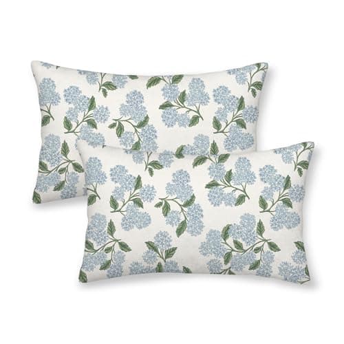 DAFENA Spring Pillow Covers 12x20 Inch 2 Pcs Blue Green Hydrangea Flower Decor Throw Pillows Vintage Floral Seasonal Summer Outdoor Decoration Lumbar Pillowcase Linen Cushion Cover for Couch Sofa