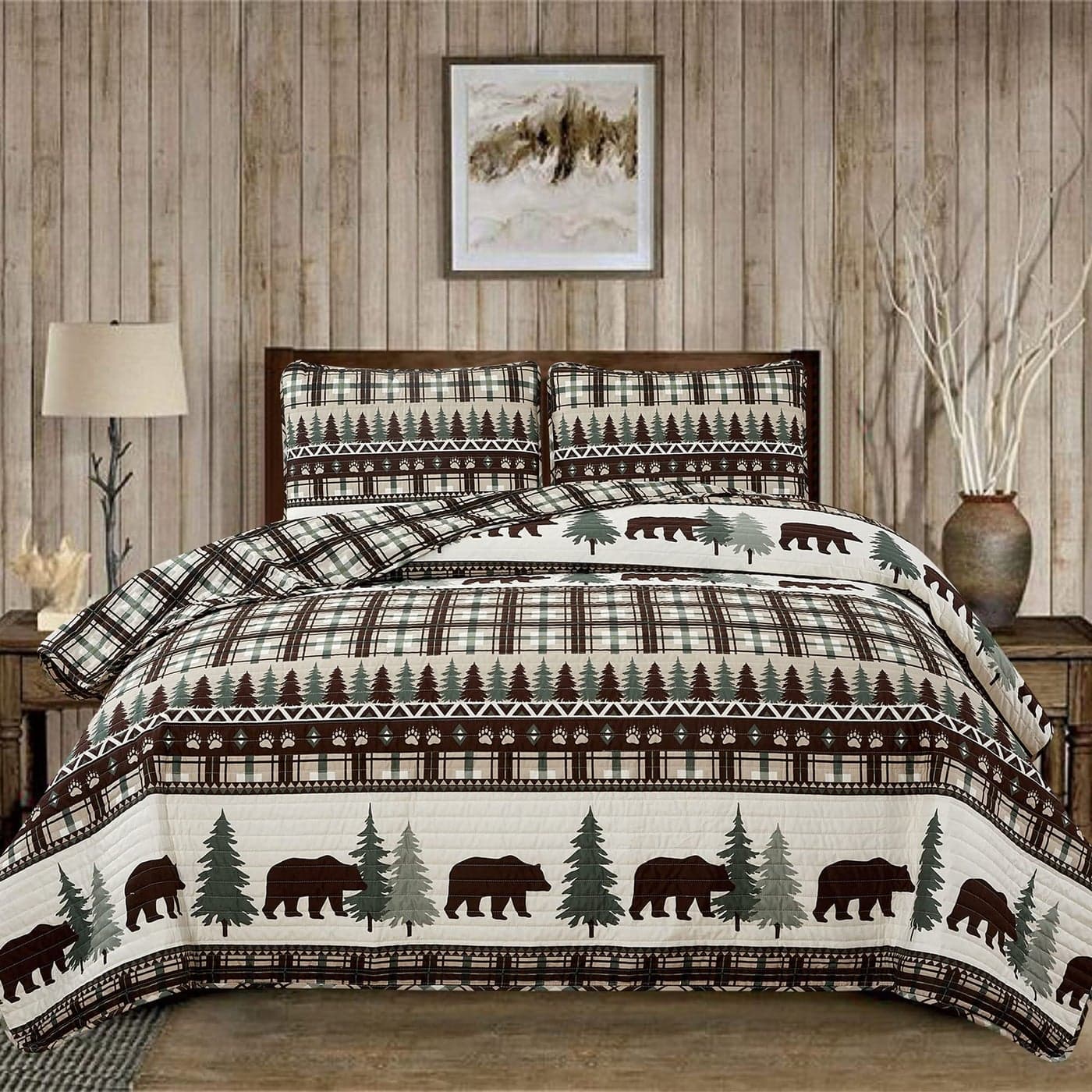3 Piece Reversible Quilt Set with Shams AllSeason Soft Lightweight Bedspread Rustic Lodge Cabin Printed Plaid Design Cedar Creek Collection King ChocolateGreen