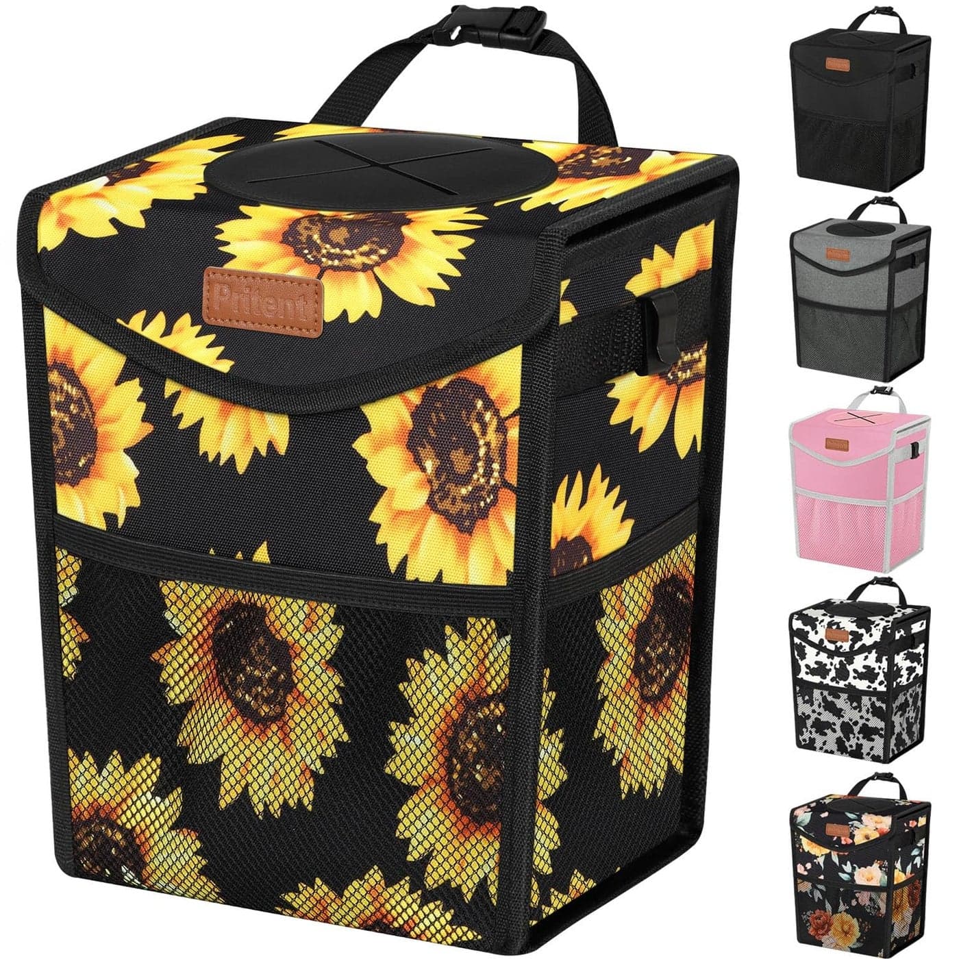 Pritent Car Trash Can with Lid Cute Leakproof Car Trash Garbage Bag Hanging Vehicle Trash Bin Small Portable Automotive Garbage Cans Organizer for BackFront SeatTrapezoidBlack Sunflower