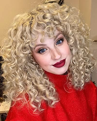 LONAI Short Blonde Curly Wig with Bangs for Women Ash Blonde Wigs with Bangs WIG006 Curly Synthetic Wig for Daily Use Party CosplayAsh Blonde