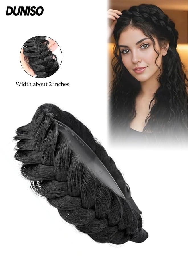 Wide Braided Headband Hoop, Chunky Fishtail Braided Hair Band Hairpiece for Girls Women ,Wide Messy Braided Headband with Teeth ,Elastic Non-slip Hairpiece Band,Beauty Hair Accessories for Women and Girl(Black)