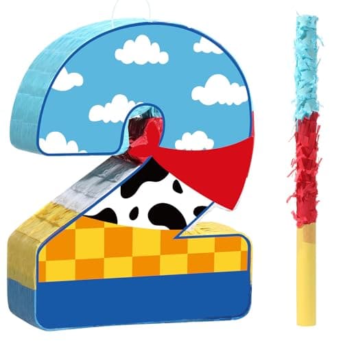 Hungdao Toy Inspired Birthday Piata for Kids Cartoon Cow Number Piata Decorations Summer Cartoon Game with Stick Red Scarf Blue Sky Cloud Boys Girls Baby Shower Farm Party FavorNumber 2