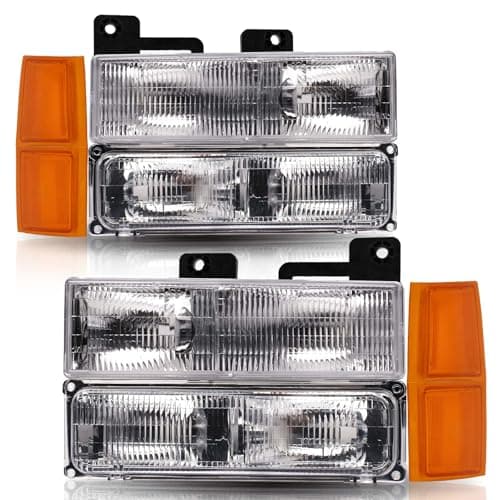 ISHARINGAUTOPARTS Headlights+Bumper Turn Signal Lamps+Amber Corner Side Marker Lights Compatible with 1994 1995 1996 1997 1998 1999 Chevy C/K Suburban 1500 2500 3500 Chrome Housing OE Style