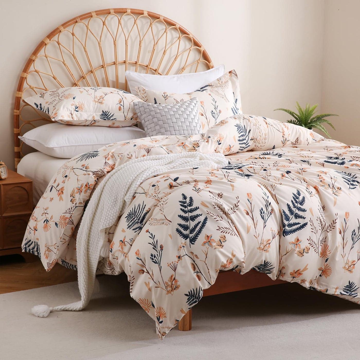 JSD Blush Floral Duvet Cover Set Queen Size 3 Piece Boho Ferns Printed Microfiber Comforter Covers Zipper Closure