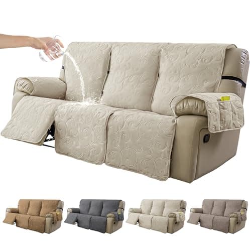 YUEANG 100% Waterproof Recliner Sofa Covers 3 Seater, 6-Piece Split Non-Slip Reclining Couch Covers for 3 Seat, Reclining Sofa Covers for Living Room, for Pets Kids Protector, Washable (Beige)