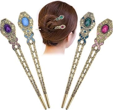 NW 4 Pcs Chinese Vintage Rhinestone Hair Clip Chignon Pin Hair Decor flower Hairpin Metal Hair Stick for Women