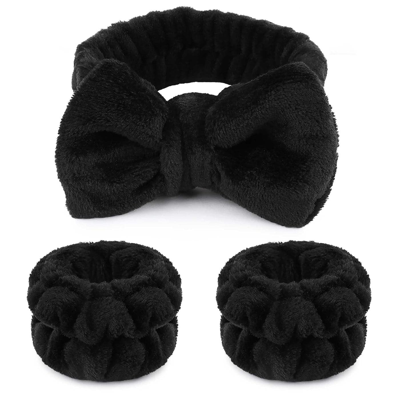 WSYUB Makeup Headbands 1pcs Black Spa Headband Fluffy Bow Tie Headband Microfiber Face Headband and 2Pcs Wrist Spa Wash Band Absorbent Wristbands for Washing Face Skin Care